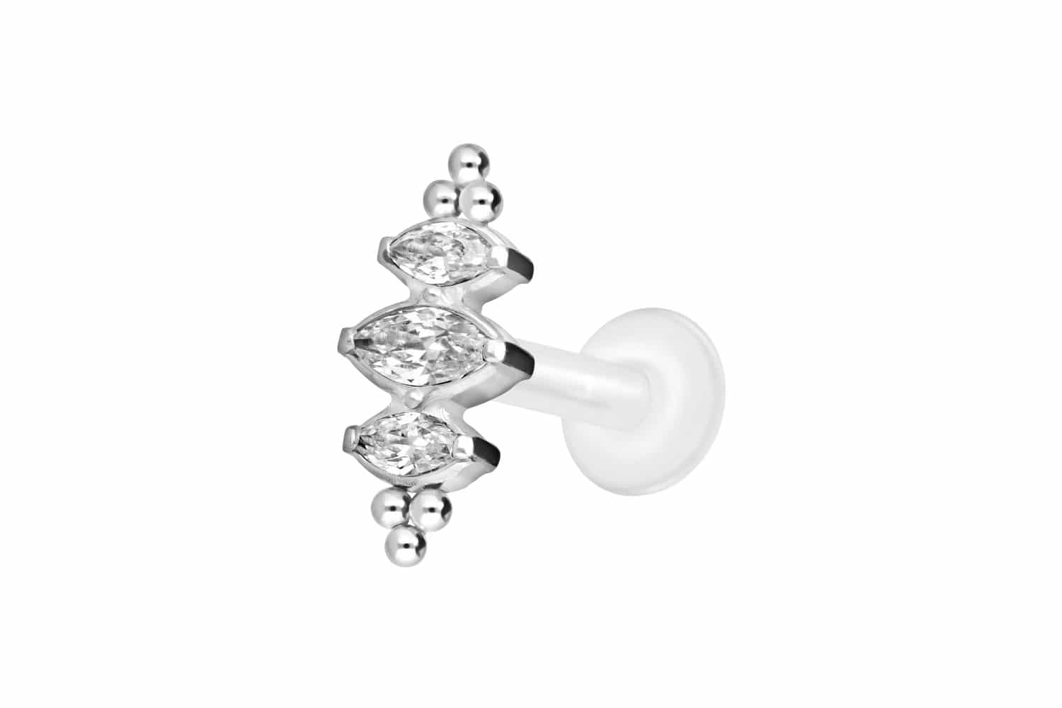 PTFE Labret Piercing mit Innengewinde + Titan-Aufsatz 3 KRISTALLTROPFEN + KUGELN